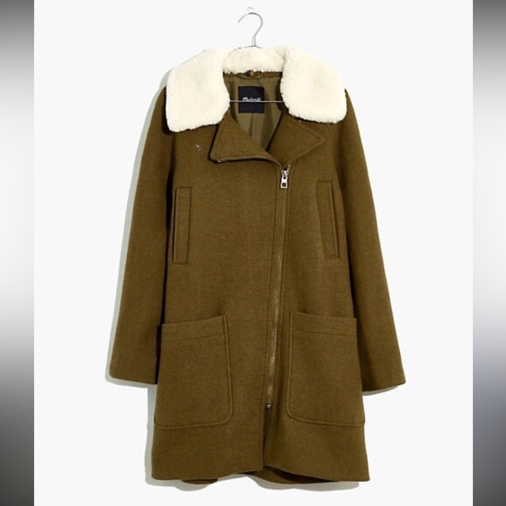 Madewell Olive Green Wool Coat with Cream Shearling Collar